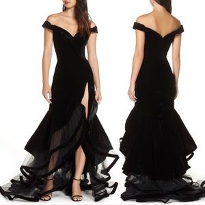 Mac Duggal Off Shoulder Velvet Tiered Ball Gown